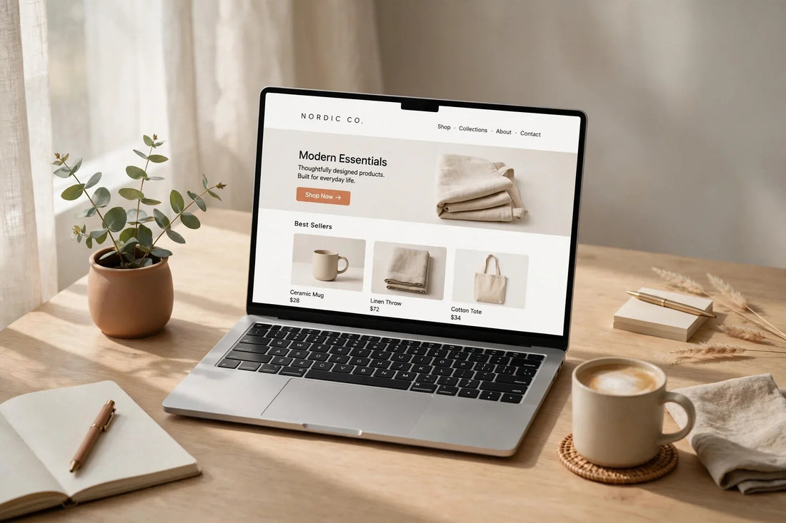 Minimalist desk with laptop showing a clean, modern website design in soft natural light